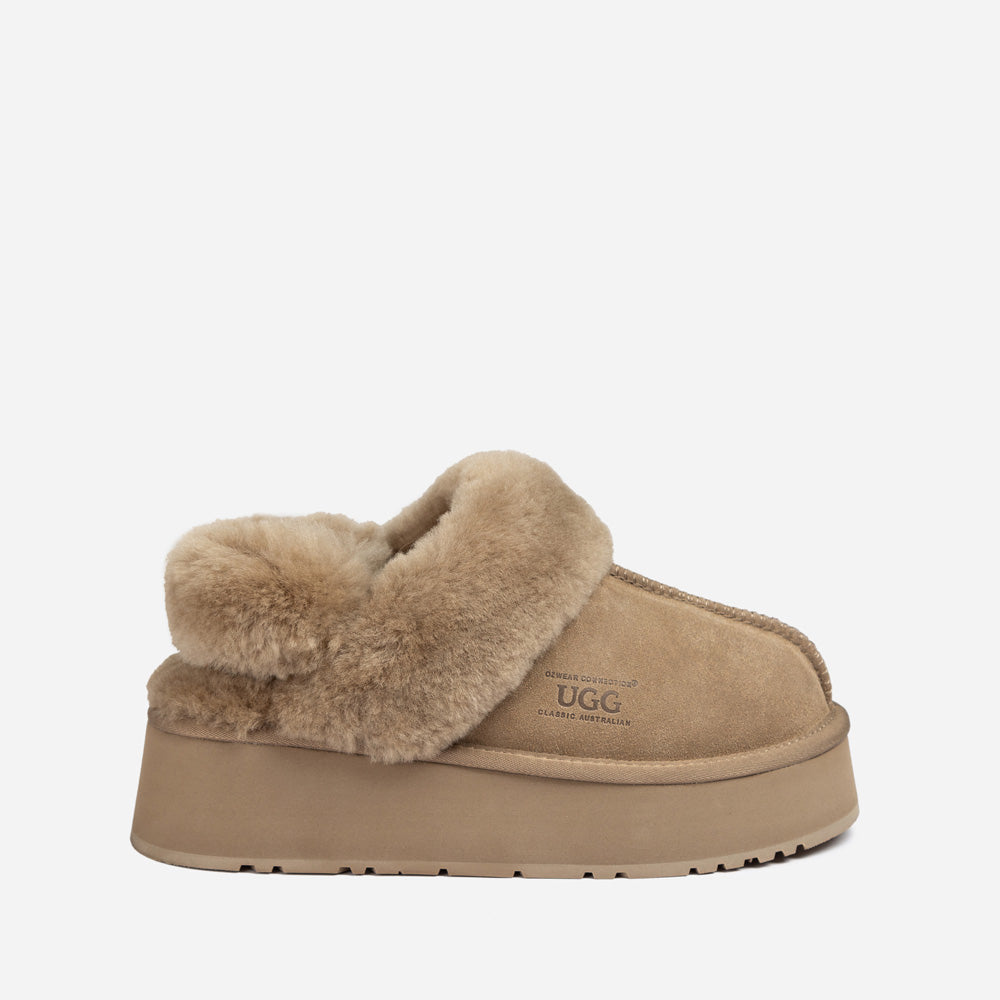 OZWEAR UGG Platform Slipper (Elastic Logo & Wool Strap) 4.5cm (Detachable Feature)(Water Resistant)