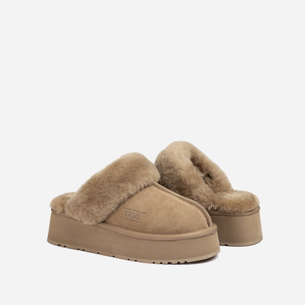 OZWEAR UGG Platform Slipper (Elastic Logo & Wool Strap) 4.5cm (Detachable Feature)(Water Resistant)