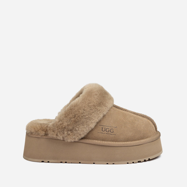 OZWEAR UGG Platform Slipper (Elastic Logo & Wool Strap) 4.5cm (Detachable Feature)(Water Resistant)
