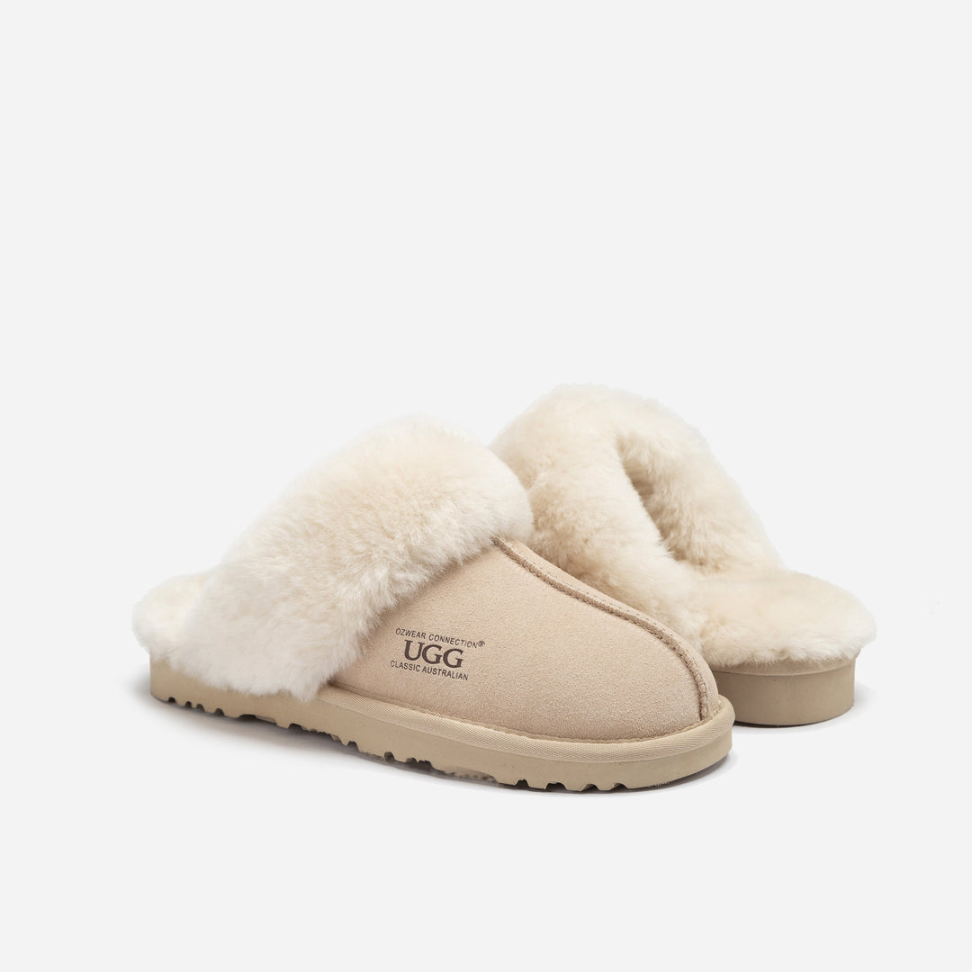 OZWEAR UGG Slippers Premium Australia Sheepskin Unisex Scuffete Suede (Unisex Cow Suede)