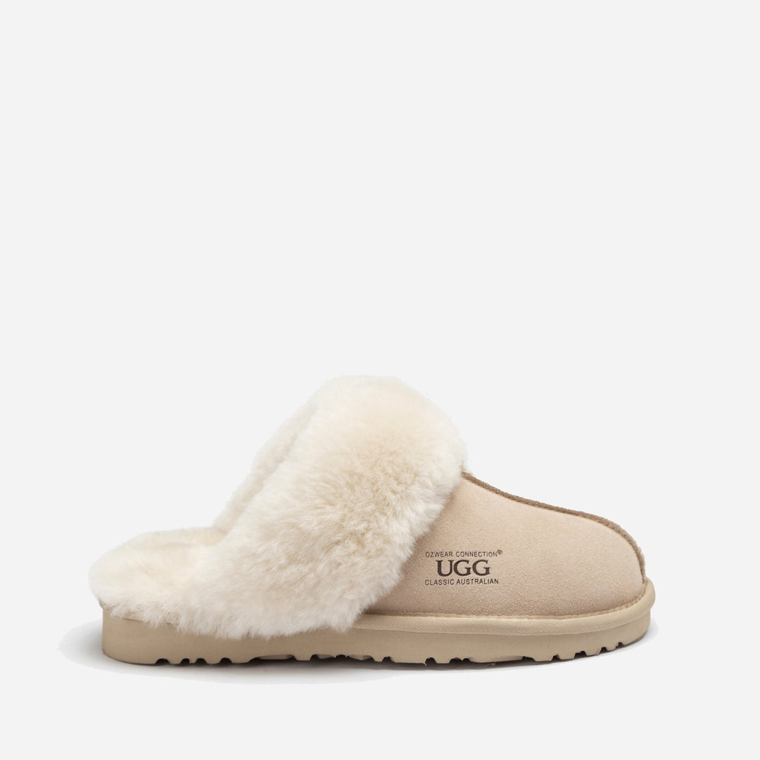 OZWEAR UGG Slippers Premium Australia Sheepskin Unisex Scuffete Suede (Unisex Cow Suede)