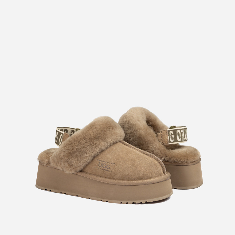 OZWEAR UGG Platform Slipper (Elastic Logo & Wool Strap) 4.5cm (Detachable Feature)(Water Resistant)