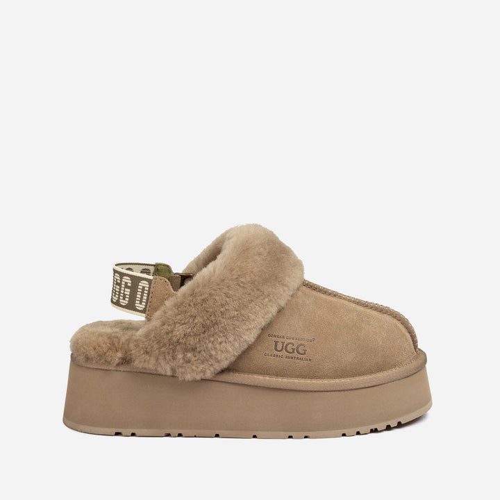 OZWEAR UGG Platform Slipper (Elastic Logo & Wool Strap) 4.5cm (Detachable Feature)(Water Resistant)