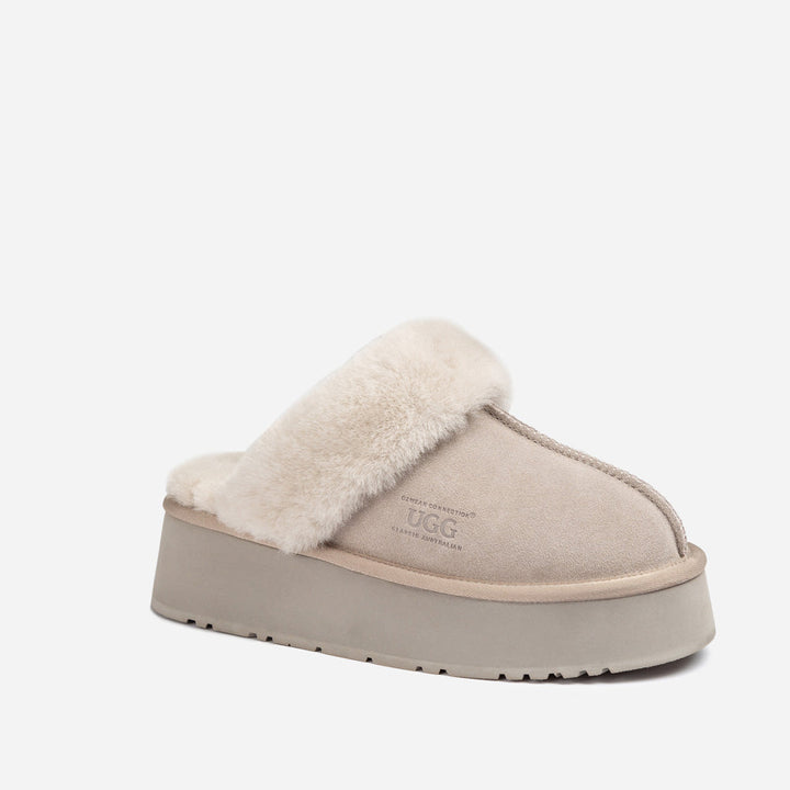 OZWEAR UGG Platform Slipper (Elastic Logo & Wool Strap) 4.5cm (Detachable Feature)(Water Resistant)