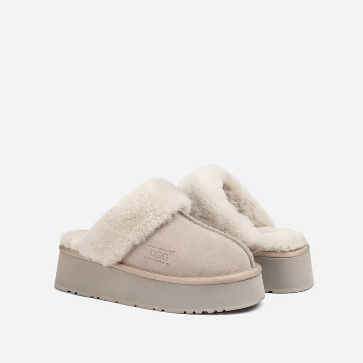 OZWEAR UGG Platform Slipper (Elastic Logo & Wool Strap) 4.5cm (Detachable Feature)(Water Resistant)