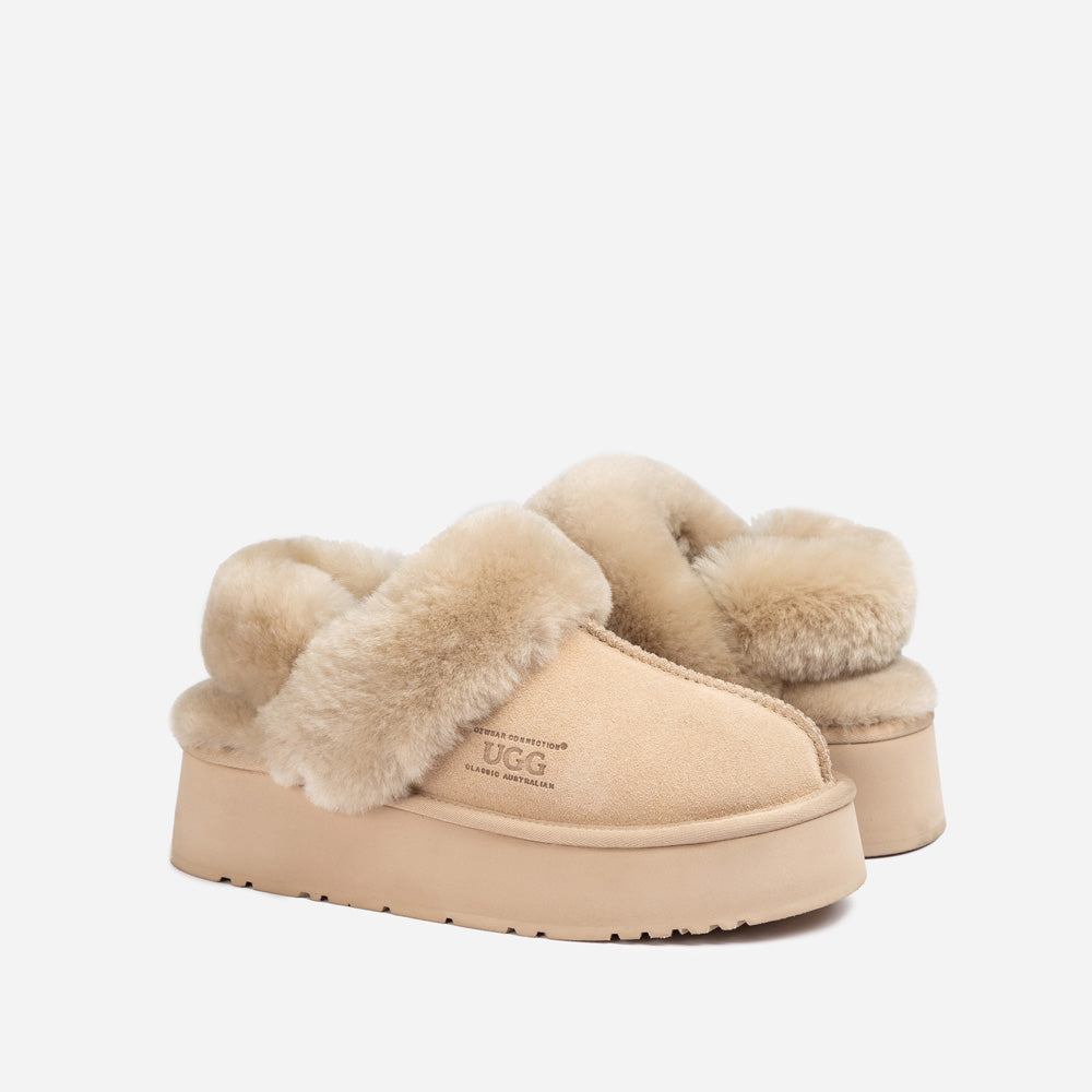 OZWEAR UGG Platform Slipper (Elastic Logo & Wool Strap) 4.5cm (Detachable Feature)(Water Resistant)