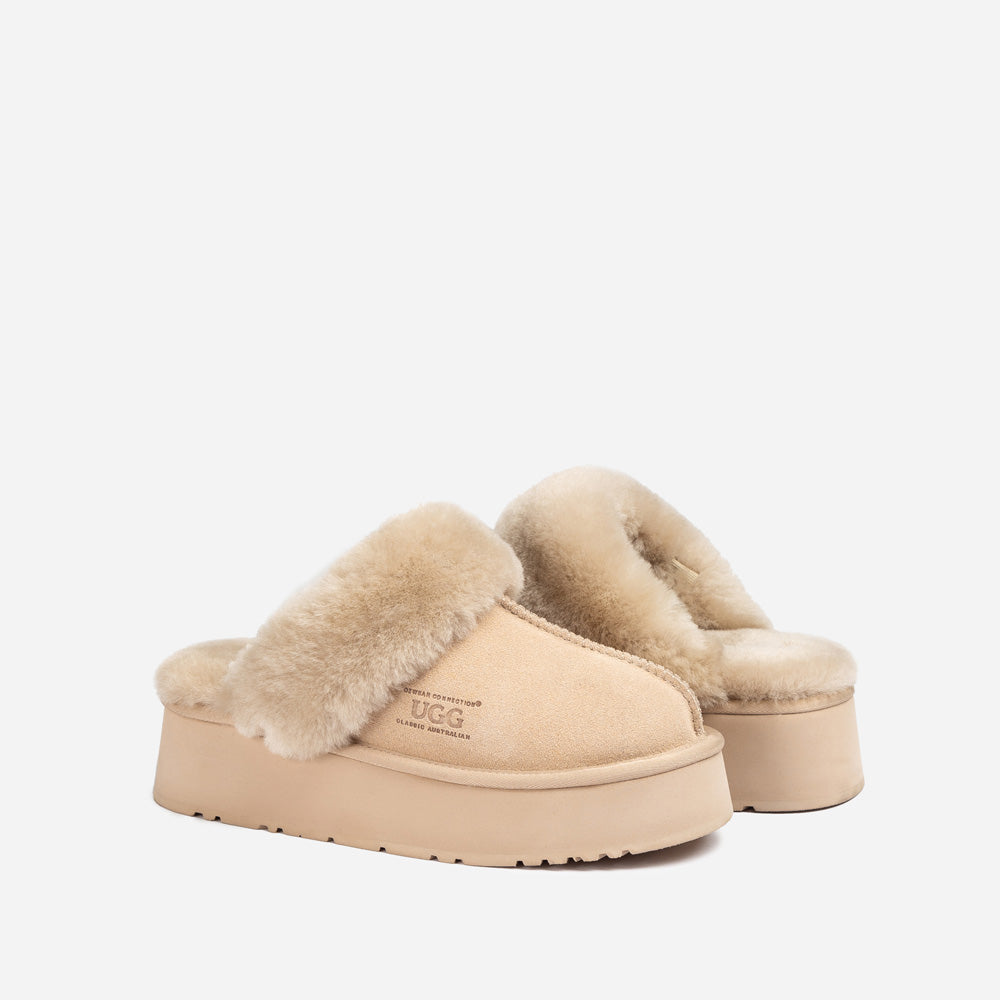 OZWEAR UGG Platform Slipper (Elastic Logo & Wool Strap) 4.5cm (Detachable Feature)(Water Resistant)