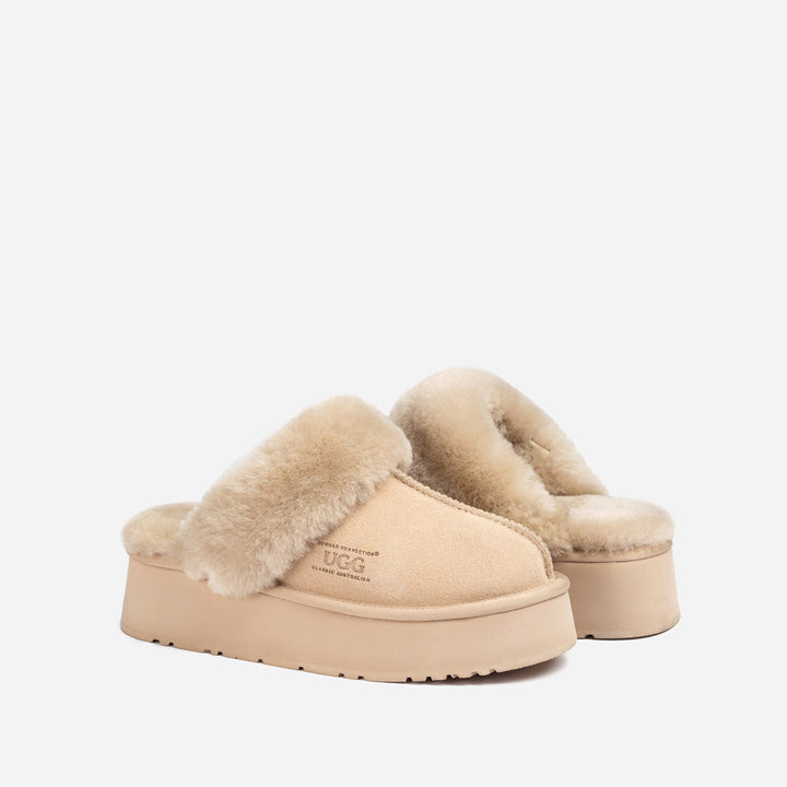 OZWEAR UGG Platform Slipper (Elastic Logo & Wool Strap) 4.5cm (Detachable Feature)(Water Resistant)