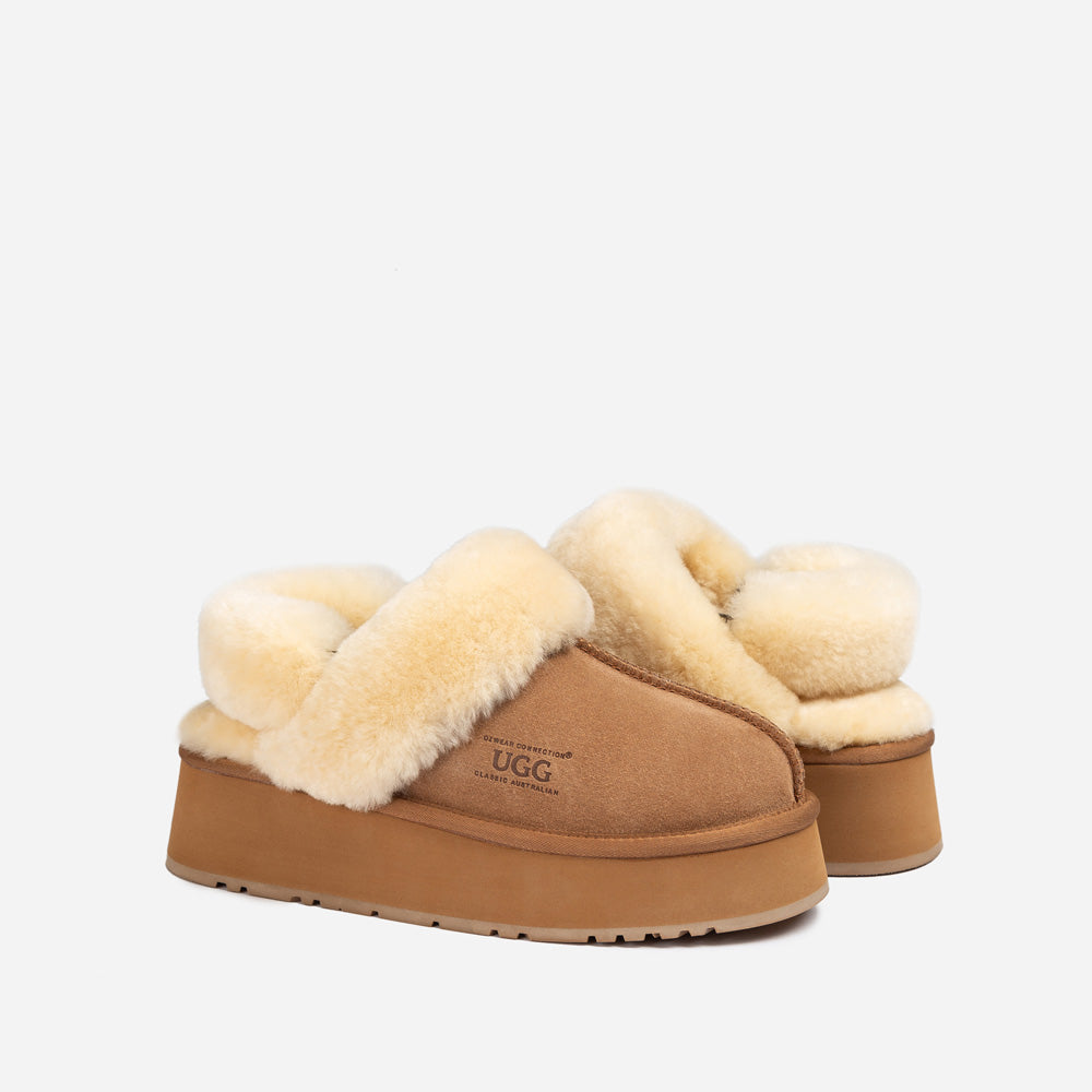 OZWEAR UGG Platform Slipper (Elastic Logo & Wool Strap) 4.5cm (Detachable Feature)(Water Resistant)