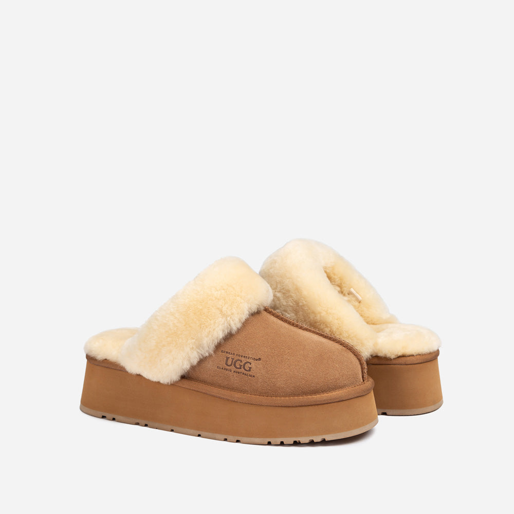 OZWEAR UGG Platform Slipper (Elastic Logo & Wool Strap) 4.5cm (Detachable Feature)(Water Resistant)