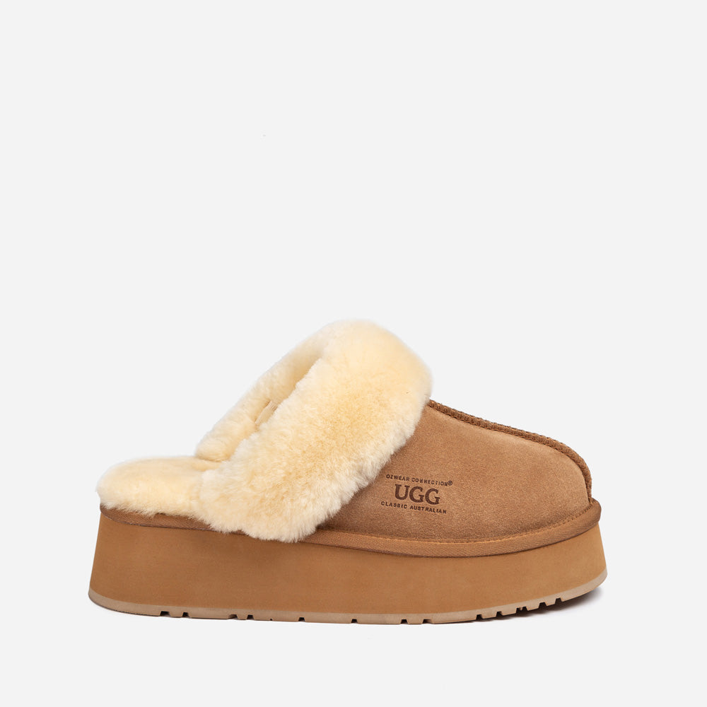 OZWEAR UGG Platform Slipper (Elastic Logo & Wool Strap) 4.5cm (Detachable Feature)(Water Resistant)