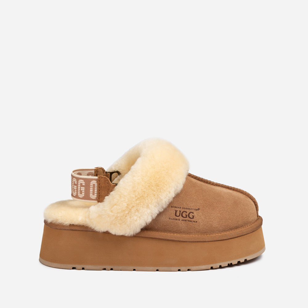 OZWEAR UGG Platform Slipper (Elastic Logo & Wool Strap) 4.5cm (Detachable Feature)(Water Resistant)