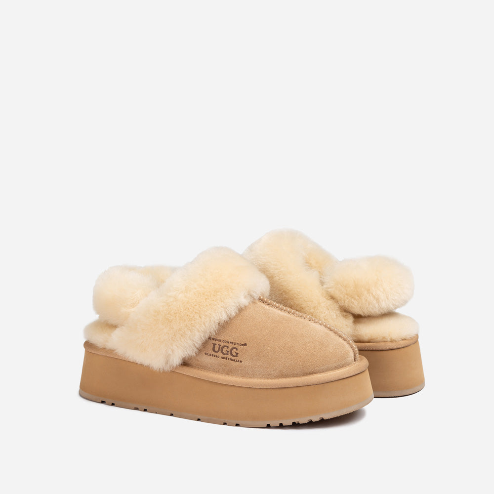 OZWEAR UGG Platform Slipper (Elastic Logo & Wool Strap) 4.5cm (Detachable Feature)(Water Resistant)