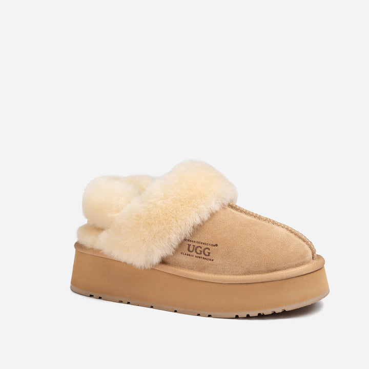 OZWEAR UGG Platform Slipper (Elastic Logo & Wool Strap) 4.5cm (Detachable Feature)(Water Resistant)