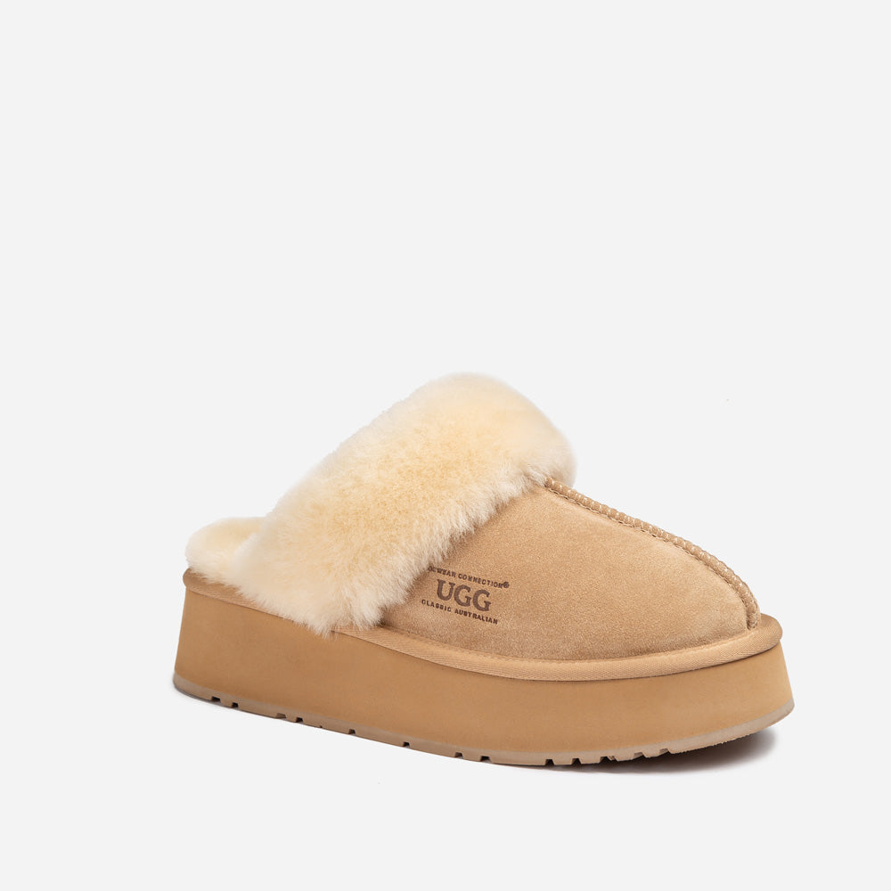 OZWEAR UGG Platform Slipper (Elastic Logo & Wool Strap) 4.5cm (Detachable Feature)(Water Resistant)