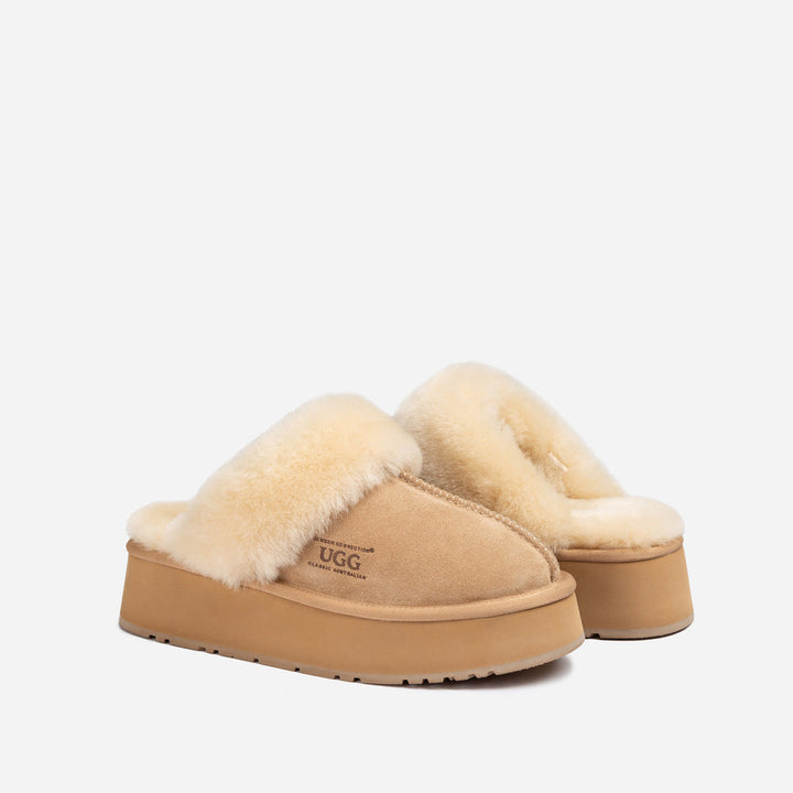 OZWEAR UGG Platform Slipper (Elastic Logo & Wool Strap) 4.5cm (Detachable Feature)(Water Resistant)