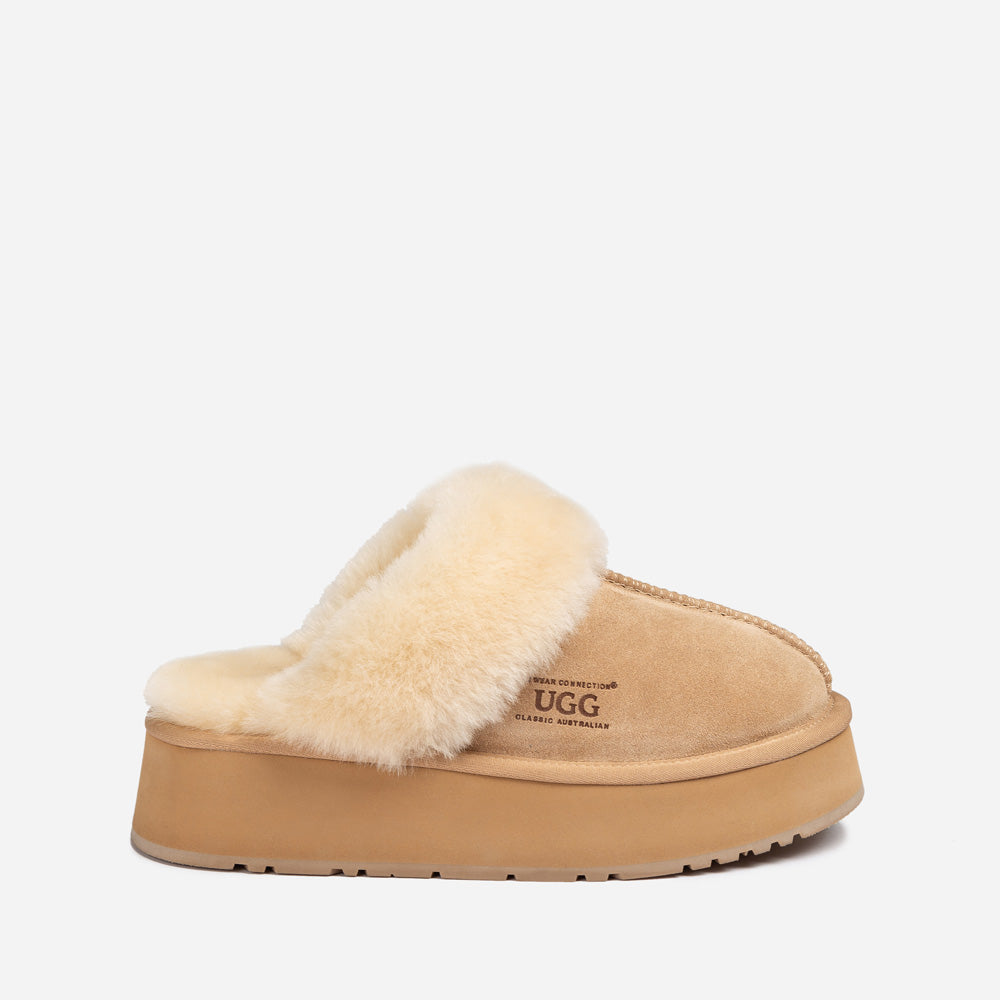 OZWEAR UGG Platform Slipper (Elastic Logo & Wool Strap) 4.5cm (Detachable Feature)(Water Resistant)