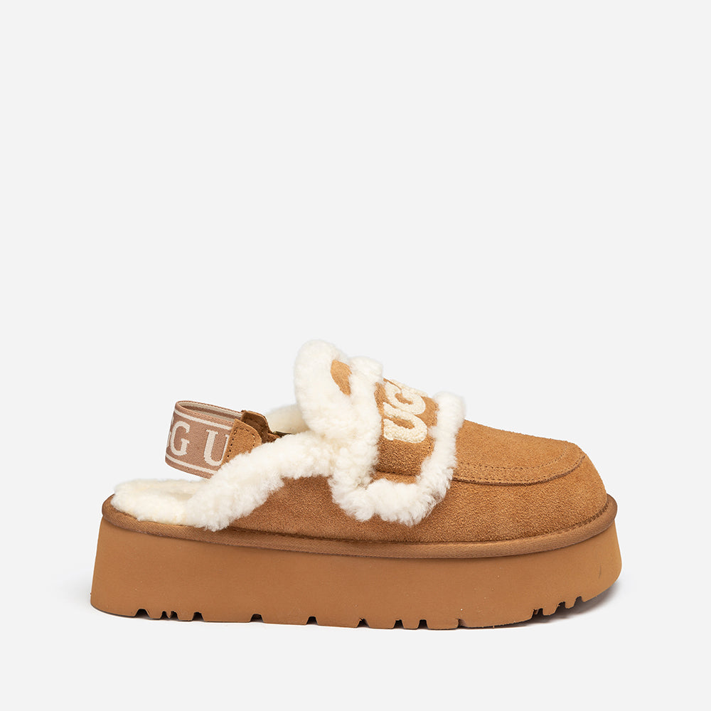 OZWEAR UGG Violet Shearling Platform Slipper (Elastic Logo) (Detachable Feature)