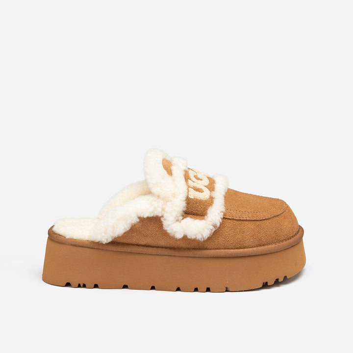 OZWEAR UGG Violet Shearling Platform Slipper (Elastic Logo) (Detachable Feature)
