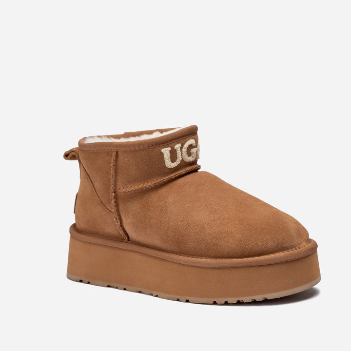 OZWEAR UGG Classic Platform Knit Logo Ultra Mini Boots (Water Resistant)(4cm)