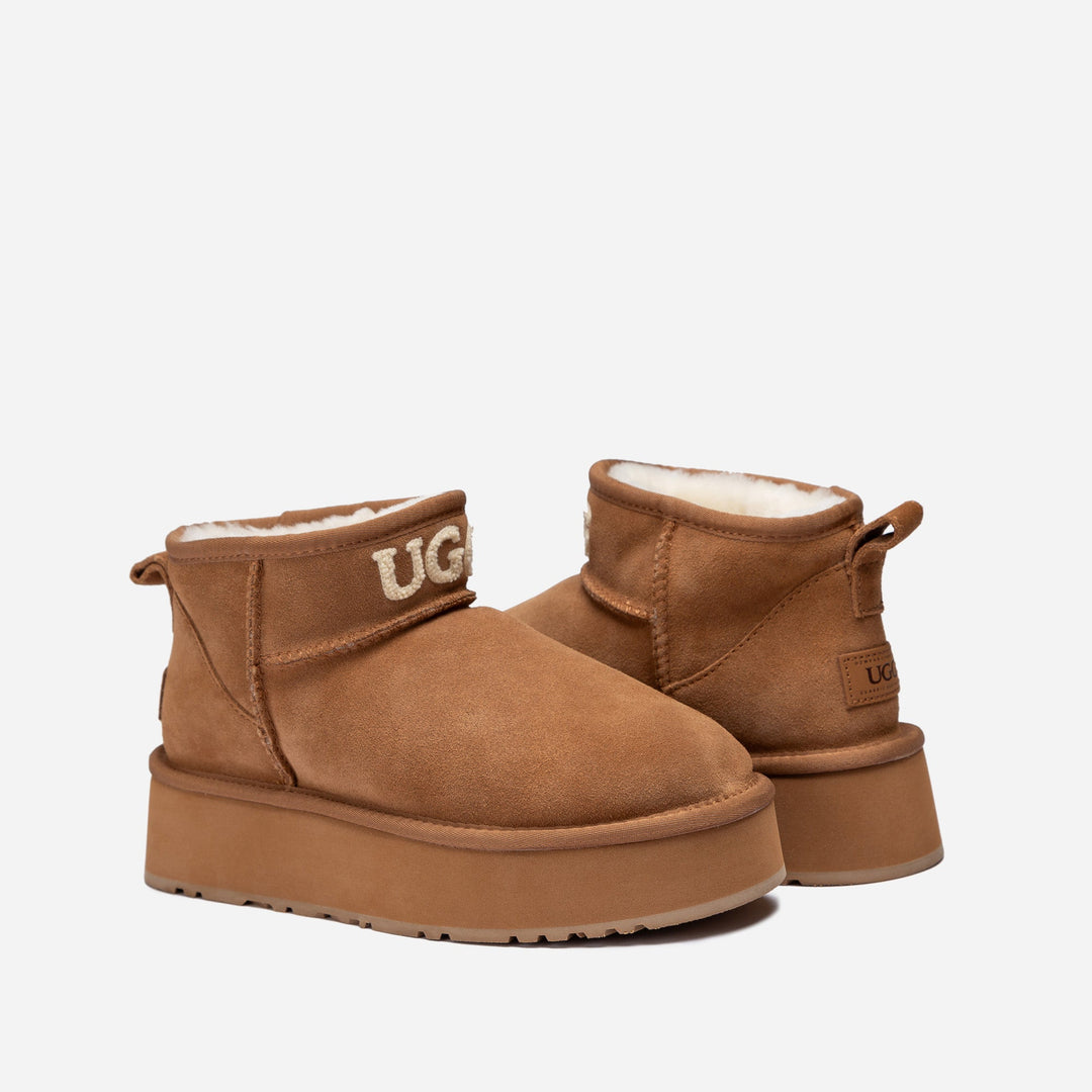 OZWEAR UGG Classic Platform Knit Logo Ultra Mini Boots (Water Resistant)(4cm)
