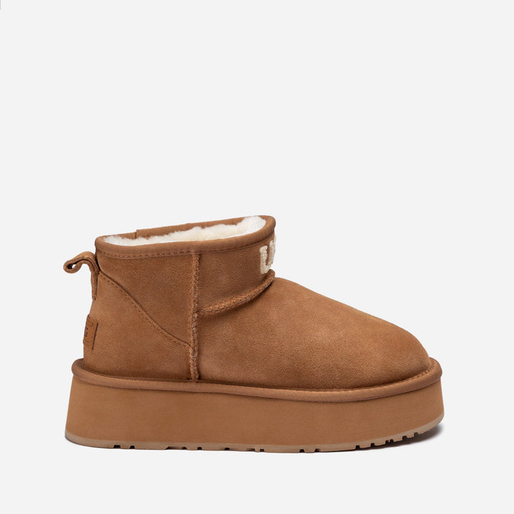 OZWEAR UGG Classic Platform Knit Logo Ultra Mini Boots (Water Resistant)(4cm)