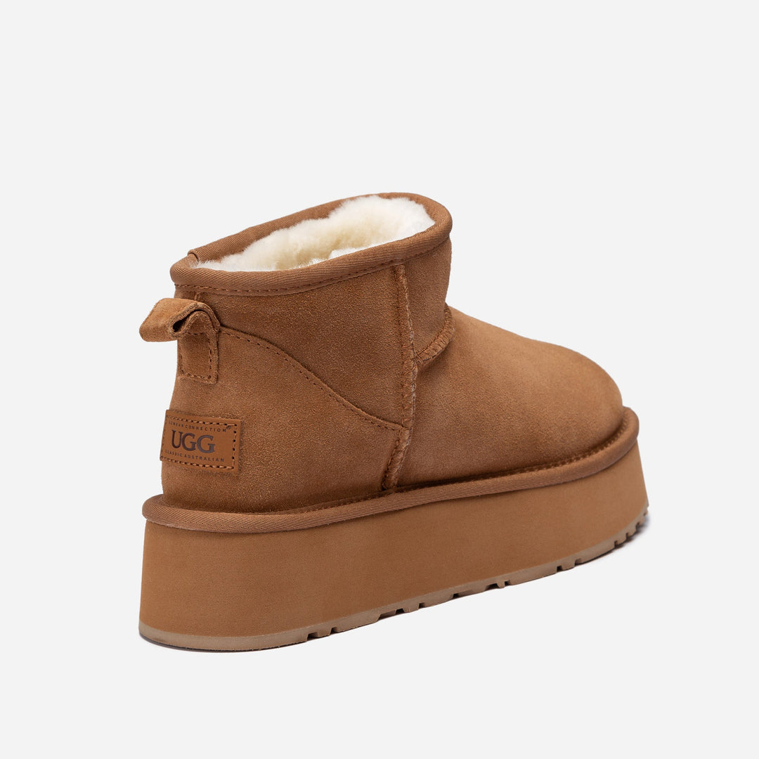 OZWEAR UGG Classic Platform Knit Logo Ultra Mini Boots (Water Resistant)(4cm)