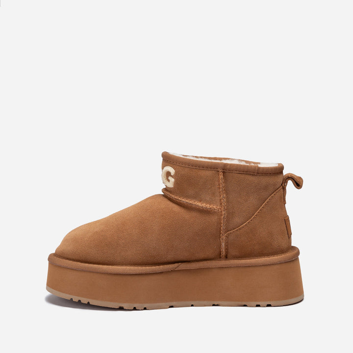 OZWEAR UGG Classic Platform Knit Logo Ultra Mini Boots (Water Resistant)(4cm)