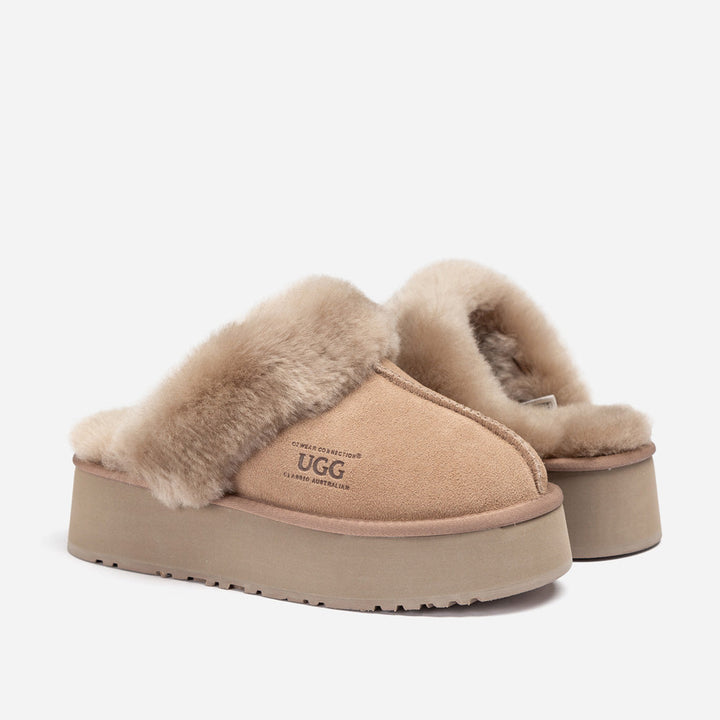 OZWEAR UGG Platform Slipper (Elastic Logo & Wool Strap) 4.5cm (Detachable Feature)(Water Resistant)