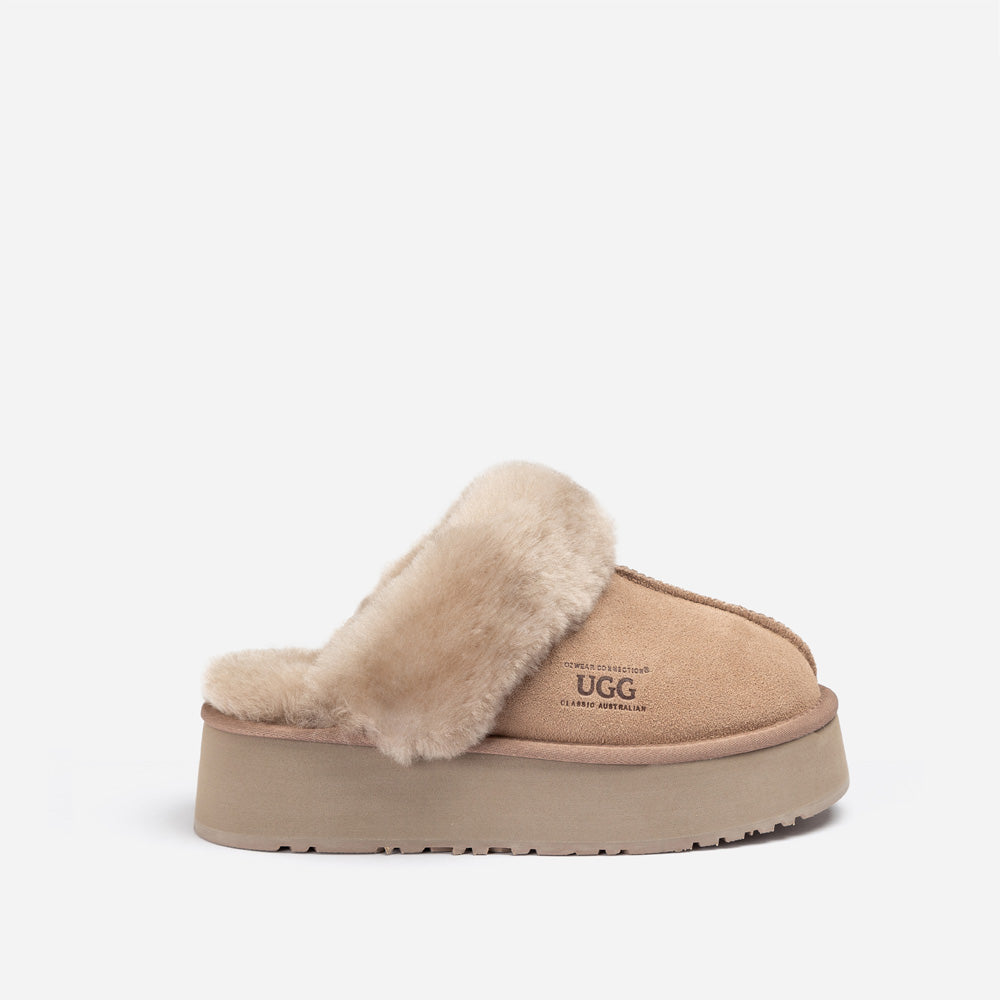 OZWEAR UGG Platform Slipper (Elastic Logo & Wool Strap) 4.5cm (Detachable Feature)(Water Resistant)