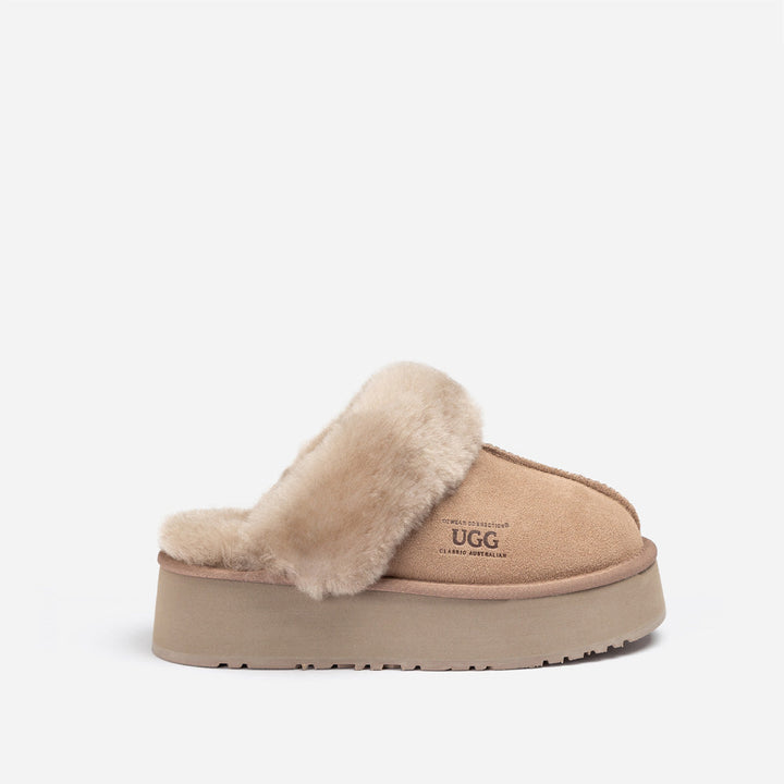OZWEAR UGG Platform Slipper (Elastic Logo & Wool Strap) 4.5cm (Detachable Feature)(Water Resistant)