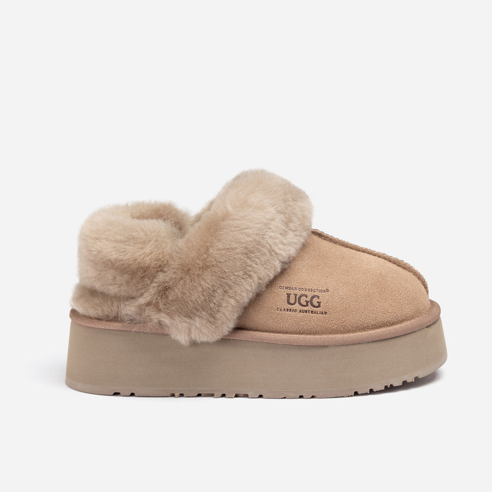 OZWEAR UGG Platform Slipper (Elastic Logo & Wool Strap) 4.5cm (Detachable Feature)(Water Resistant)