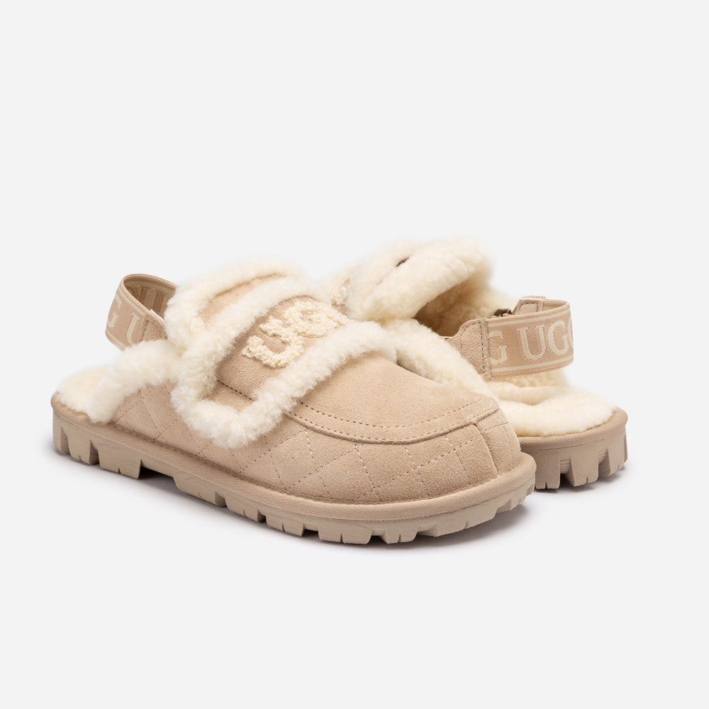 OZWEAR UGG Violet Matelassé Shearling Slipper (Elastic Logo, Detachable Feature)
