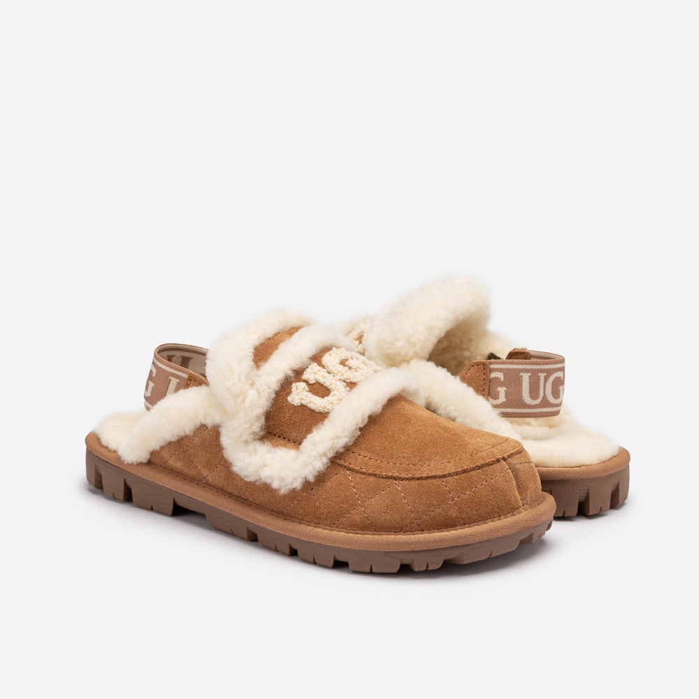 OZWEAR UGG Violet Matelassé Shearling Slipper (Elastic Logo, Detachable Feature)