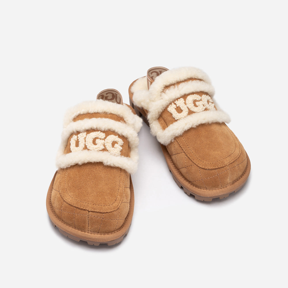 OZWEAR UGG Violet Matelassé Shearling Slipper (Elastic Logo, Detachable Feature)