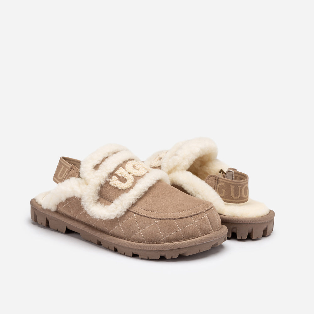 OZWEAR UGG Violet Matelassé Shearling Slipper (Elastic Logo, Detachable Feature)