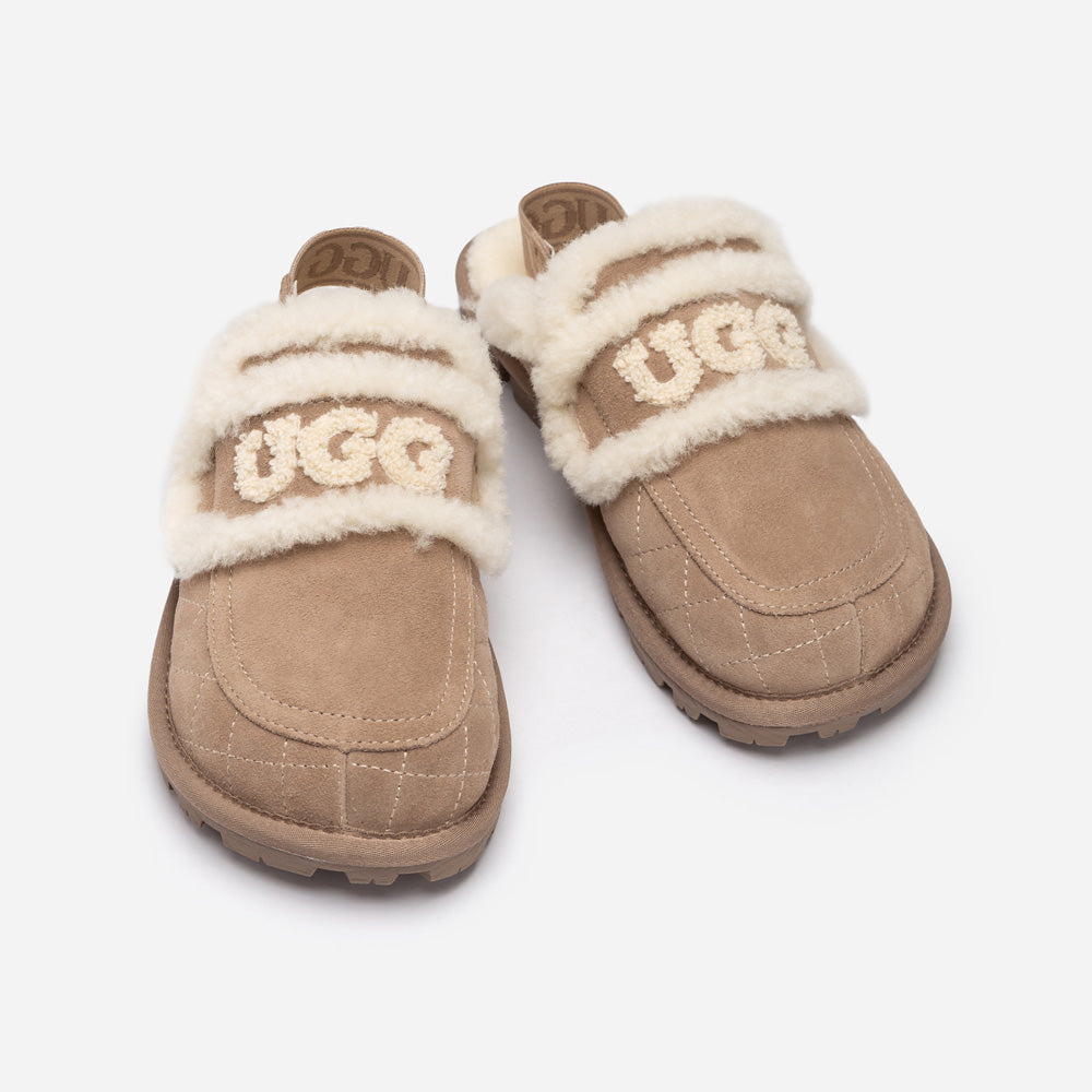 OZWEAR UGG Violet Matelassé Shearling Slipper (Elastic Logo, Detachable Feature)